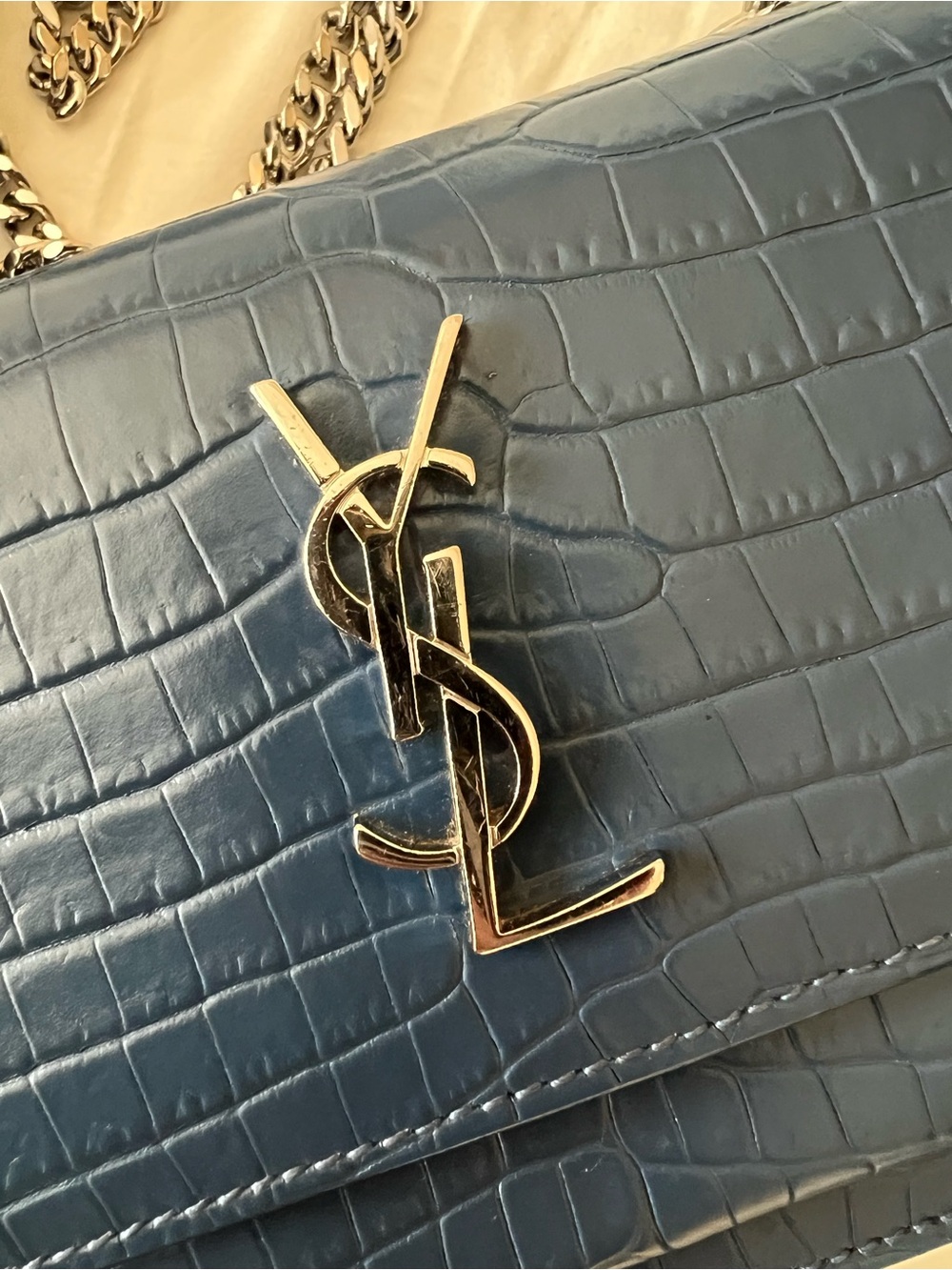 Saint Laurent Small Sunset Bag in Denim Blue Croc-Embossed Leather - Picture 4 of 16